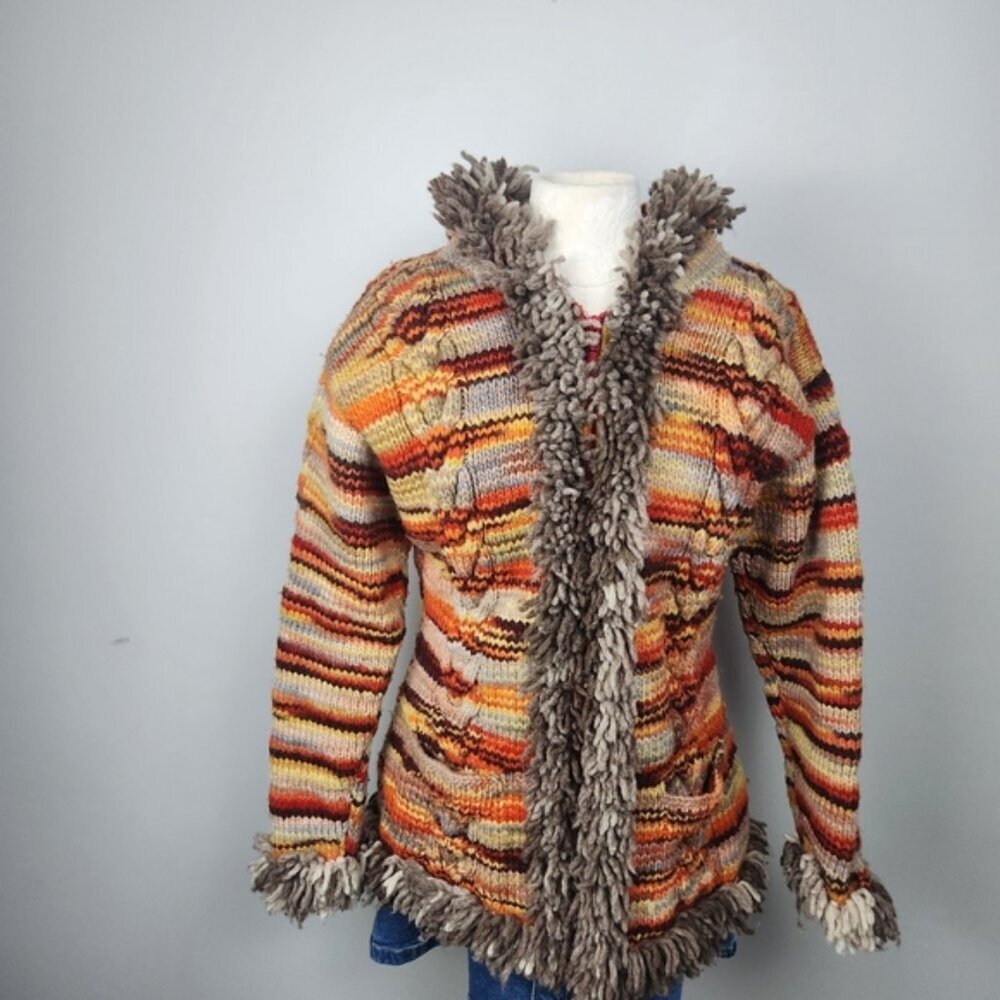 Penny Lane Handknit Wool Hooded Cardigan Jacket Fringe Trim Chunky Cabel Size M - Picture 4 of 13